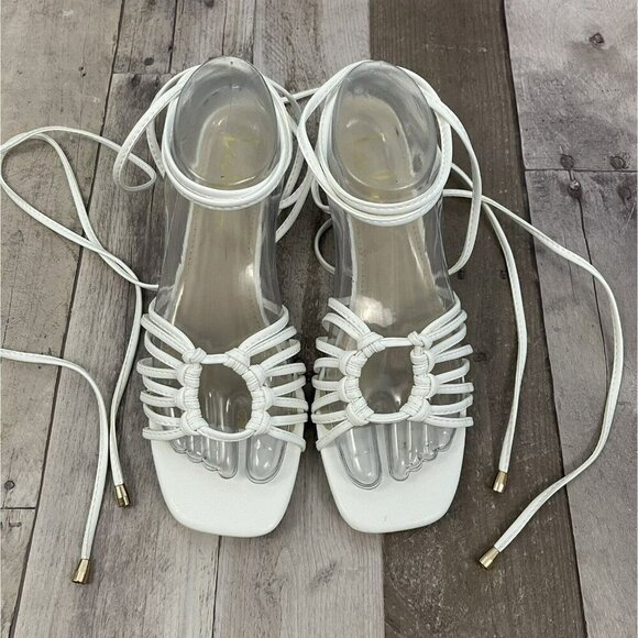 Lulu's Lace-up Strappy White Sandals Size 8.5 M Square Toe Low Block Heel - Picture 2 of 13